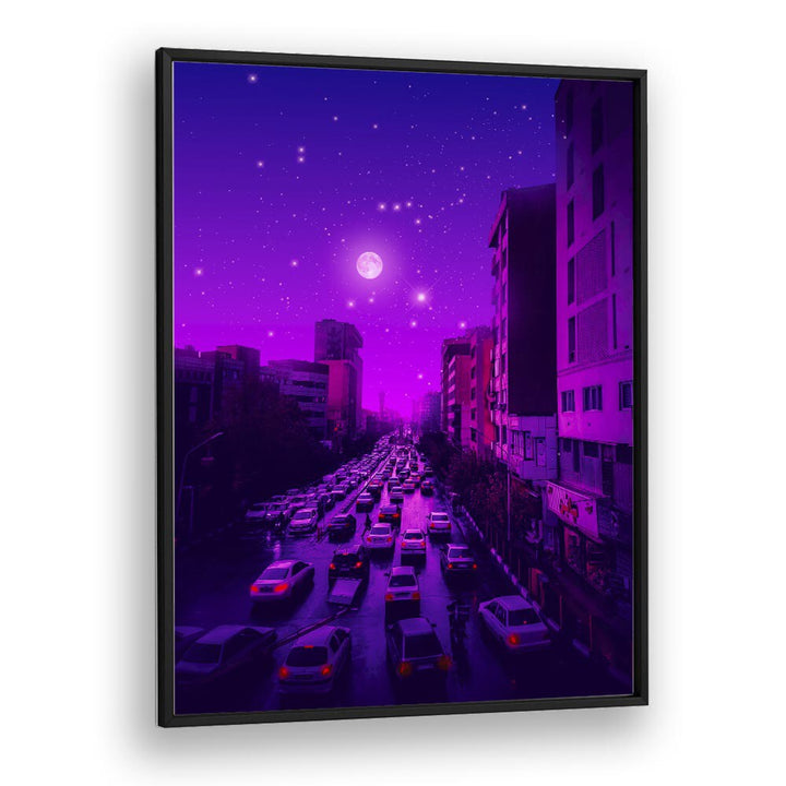 AESTHETIC TEHRAN, SURREAL ART PRINTS by Ritvik Takkar showcase a vibrant cityscape under a starry night.
