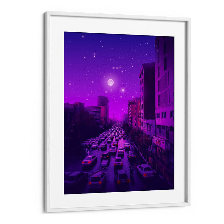 AESTHETIC TEHRAN, SURREAL ART PRINTS showcase a vibrant Tehran scene with enchanting purple hues by Ritvik Takkar.