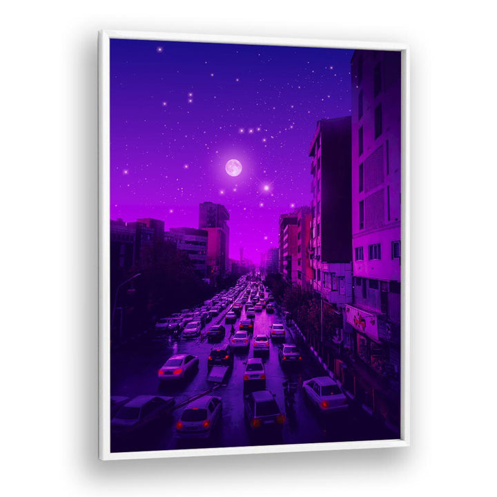 Aesthetic Tehran, Surreal Art Prints by Ritvik Takkar, features a vibrant cityscape under a starry purple sky.