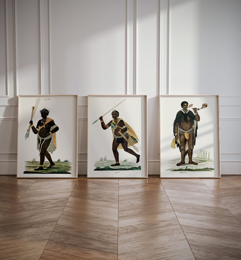 Transform your space with the AFRICA SET, SET OF 3 PAINTINGS, showcasing vibrant historical wall art prints.
