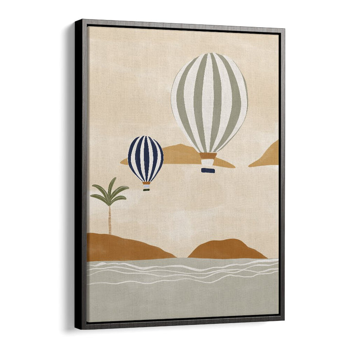 Airballoons in Dessert, Beach Paintings by Ivy Green captures whimsical artistry with vibrant hot air balloons.