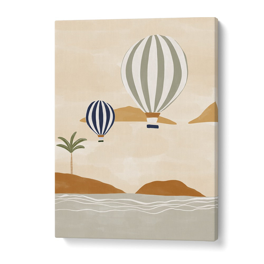Airballoons in Dessert, Beach Paintings by Ivy Green feature whimsical hot air balloons against a serene landscape.