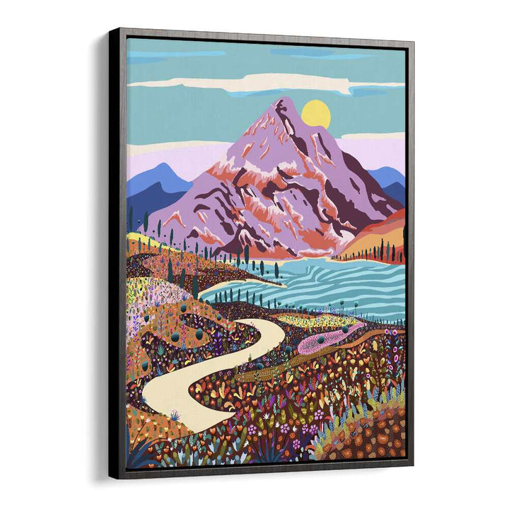 Vibrant ALICE IN WONDER VALLEY, LANDSCAPE PAINTINGS art print by Uma Gokhale in a stylish black floater frame.