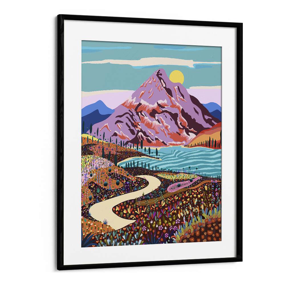 Vibrant "Alice In Wonder Valley" landscape paintings by Uma Gokhale, framed artwork showcasing colorful nature scenes.