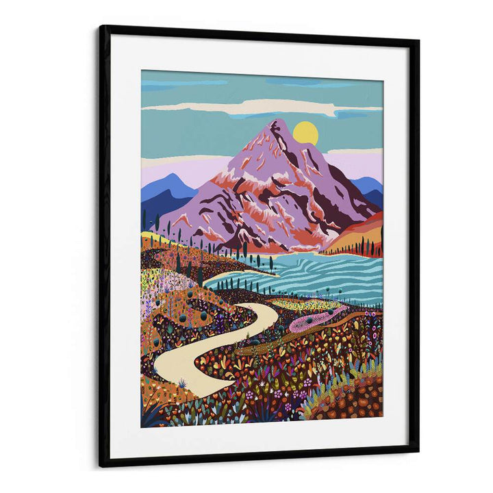 Vibrant "Alice In Wonder Valley" landscape paintings by Uma Gokhale, framed artwork showcasing colorful nature scenes.