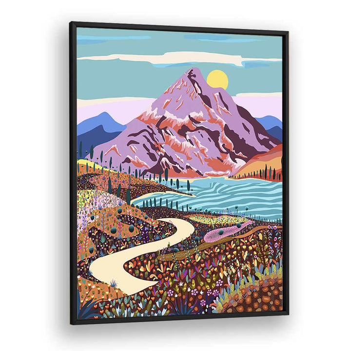 Vibrant "ALICE IN WONDER VALLEY, LANDSCAPE PAINTINGS" by Uma Gokhale, showcasing a serene mountain and floral scenery.