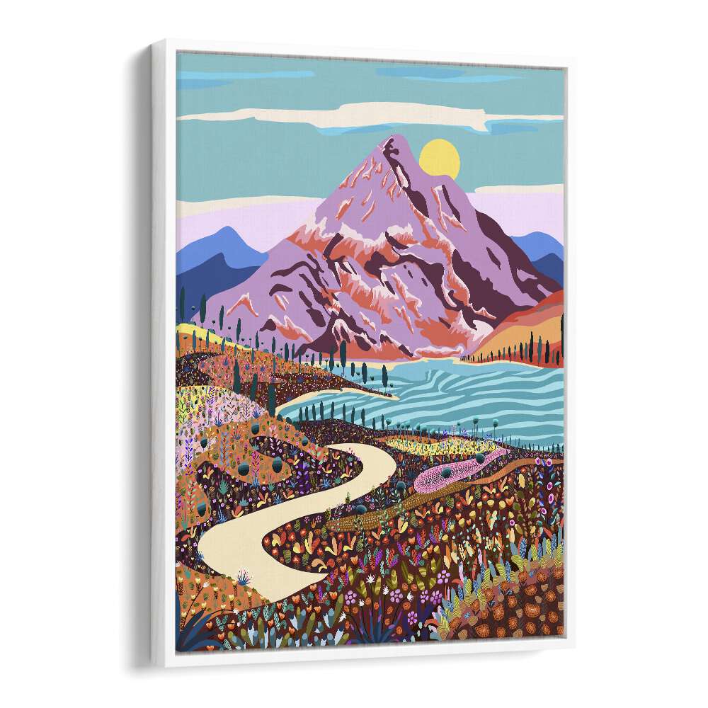 Vibrant ALICE IN WONDER VALLEY, LANDSCAPE PAINTINGS by Uma Gokhale, showcasing colorful hills and serene waters.