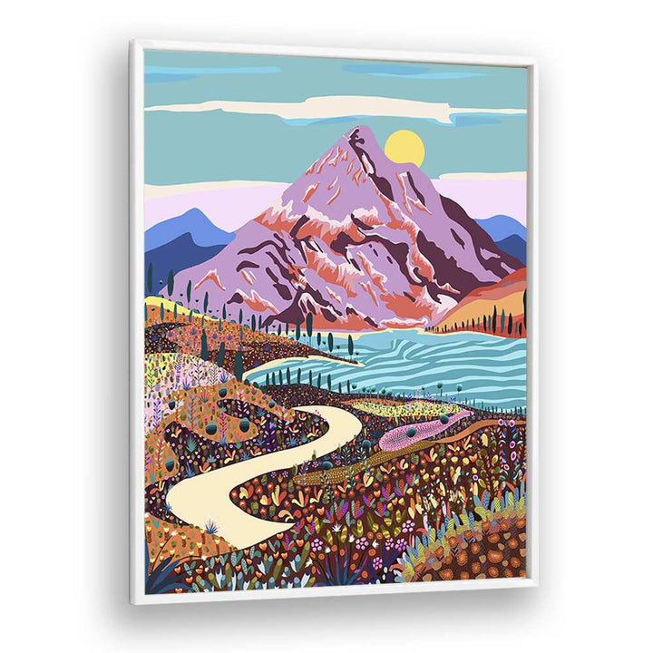 Vibrant ALICE IN WONDER VALLEY, LANDSCAPE PAINTINGS by Uma Gokhale, showcasing a stunning mountain and floral scenery.