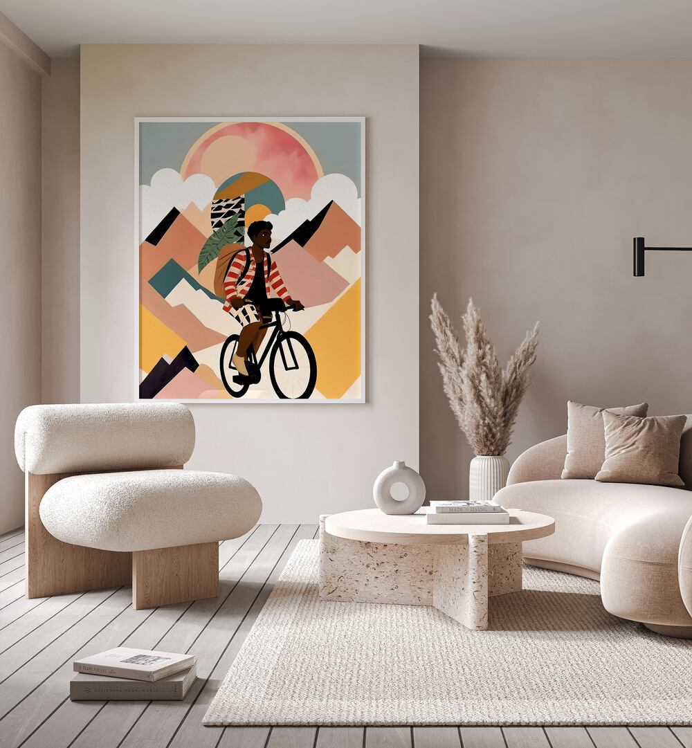 Colorful illustration from "Always A Traveler, Portraits" by Uma Gokhale, showcasing a cyclist in a vibrant landscape.