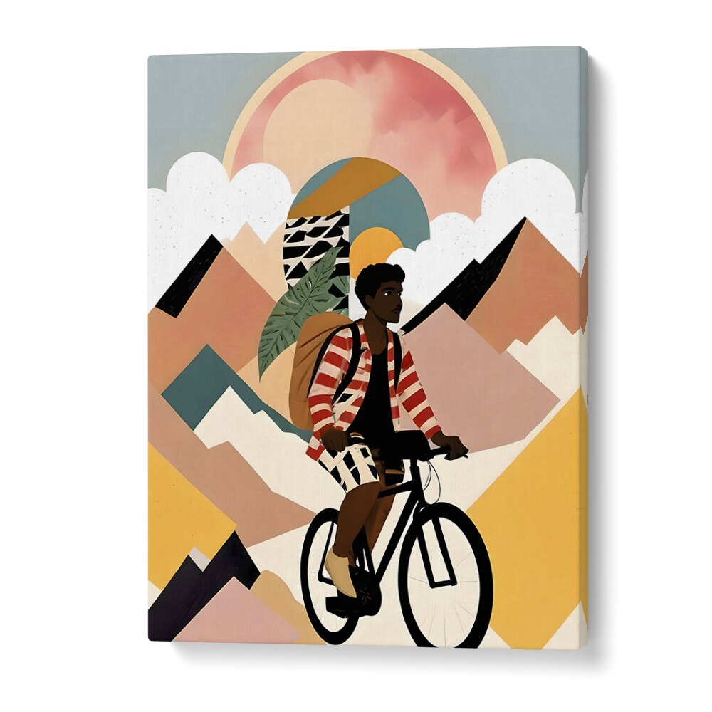 Colorful illustration of a cyclist against mountains, capturing the spirit of exploration in ALWAYS A TRAVELER, PORTRAITS.