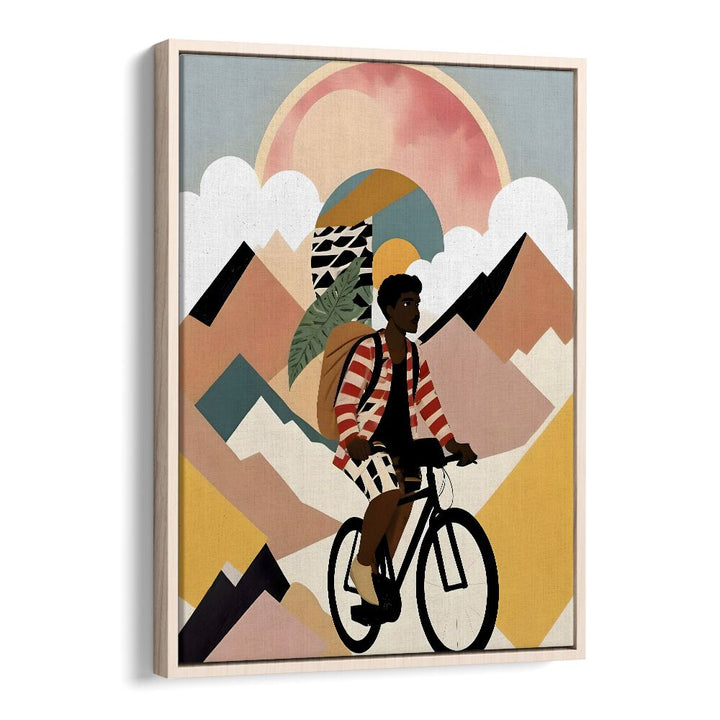 Vibrant "ALWAYS A TRAVELER, PORTRAITS" art print by Uma Gokhale, showcasing a cyclist amidst abstract landscapes.