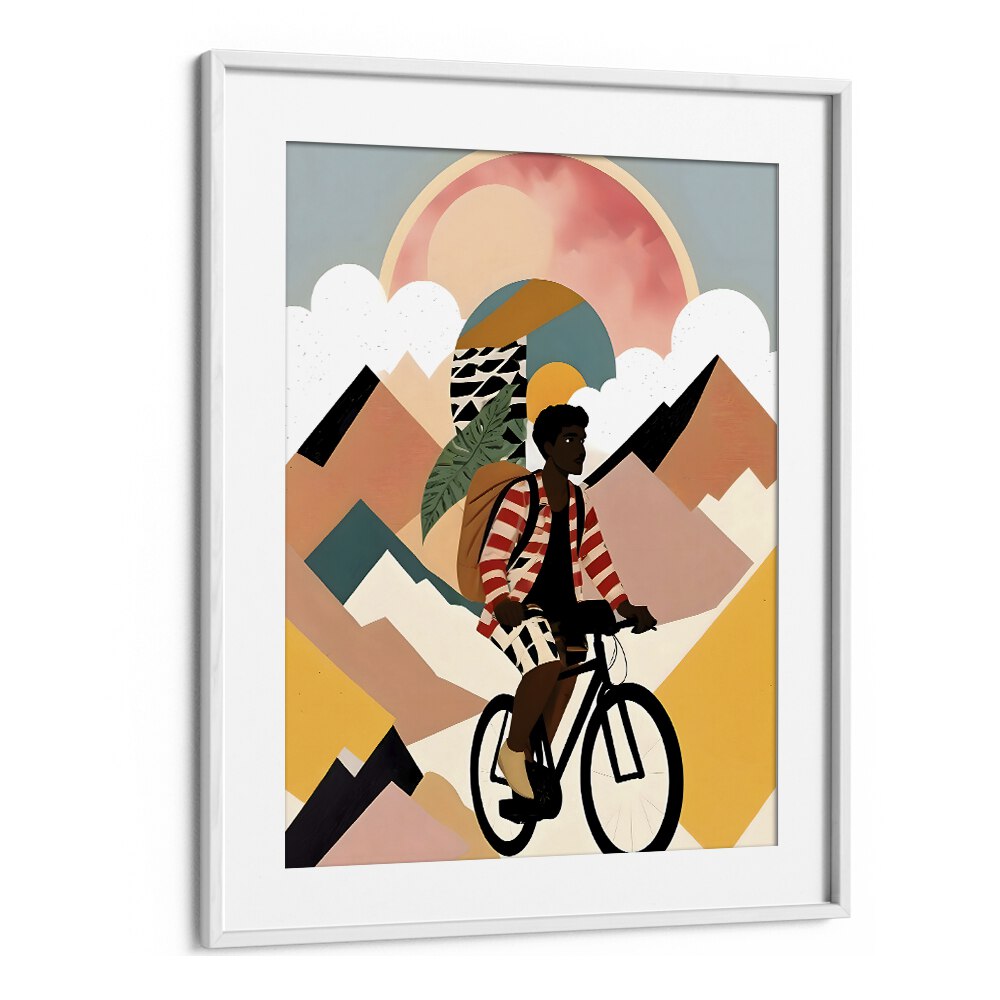 Captivating "ALWAYS A TRAVELER, PORTRAITS" art print by Uma Gokhale, showcasing a cyclist amidst vibrant landscapes.
