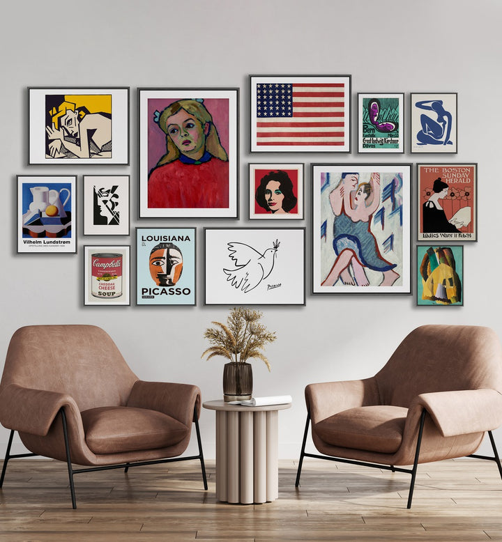 Stylish AMERICAN GALLERY WALL featuring diverse framed artwork, perfect for enhancing your living space with GALLERY WALLS.