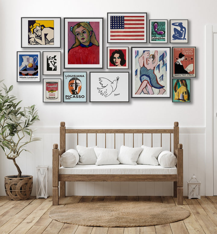 Stylish AMERICAN GALLERY WALL featuring diverse framed art pieces, perfect for elevating your home décor with GALLERY WALLS.