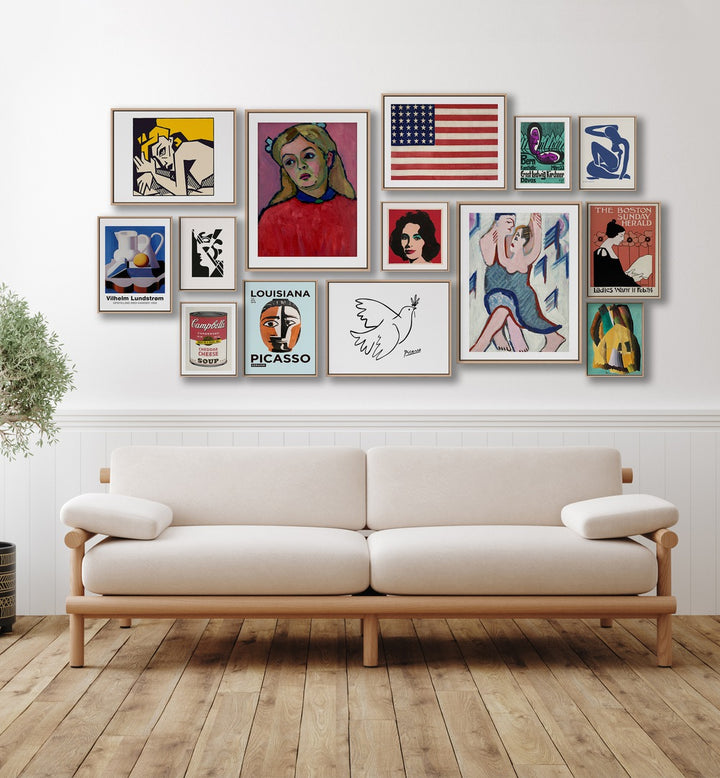 Enhance your space with the AMERICAN GALLERY WALL, featuring diverse art pieces and sophisticated style.