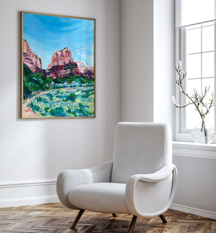 Angels Landing By Key And Sea Creative Travel Poster in Oak Wood Plain Frame on a white wall beside a sofa
