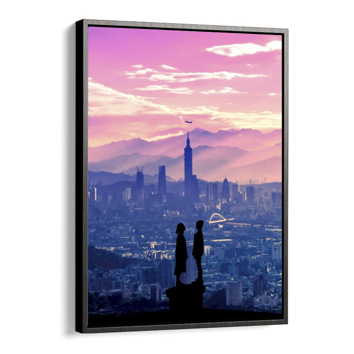 Surreal art print "ANIME LOVE" by Ritvik Takkar captures a vibrant, enchanting cityscape experience.