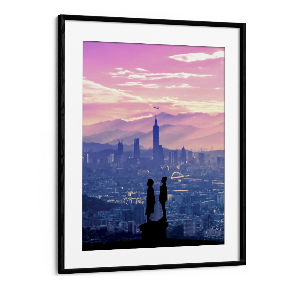 Surreal art print "ANIME LOVE" by Ritvik Takkar, featuring silhouettes against a vibrant skyline backdrop.
