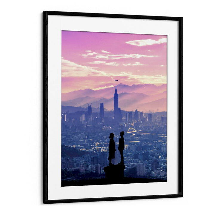 Surreal art print "ANIME LOVE" by Ritvik Takkar, featuring silhouettes against a vibrant skyline backdrop.