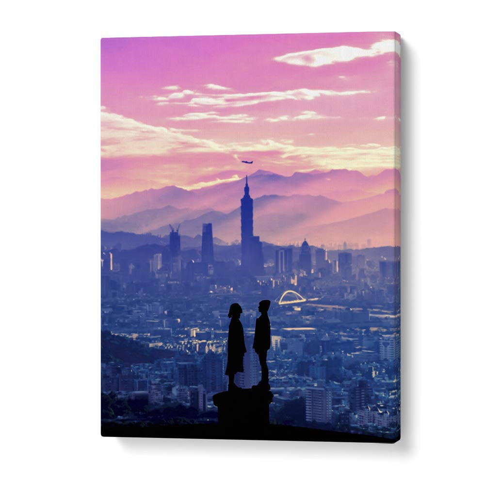 Surreal art print "ANIME LOVE" by Ritvik Takkar features a romantic skyline silhouette, enhancing your space beautifully.