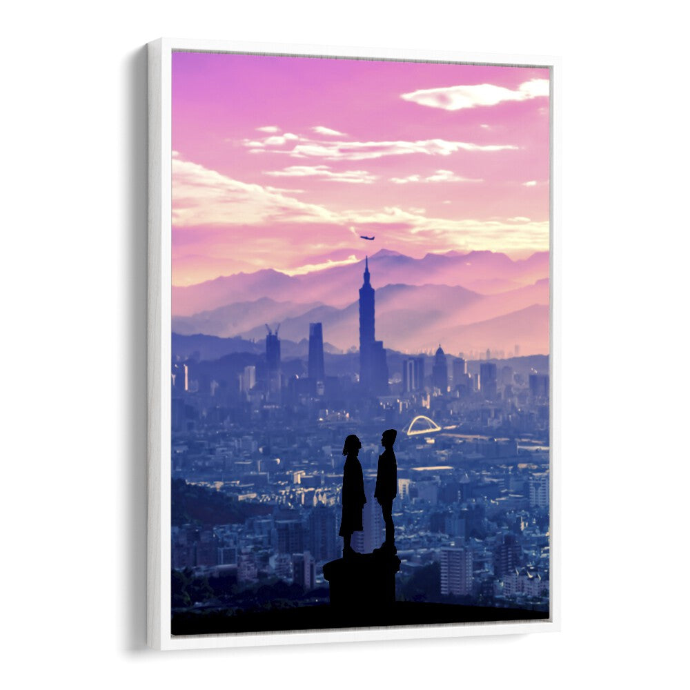 Silhouettes of two figures against a surreal cityscape in vibrant hues, embodying ANIME LOVE, SURREAL ART PRINTS.