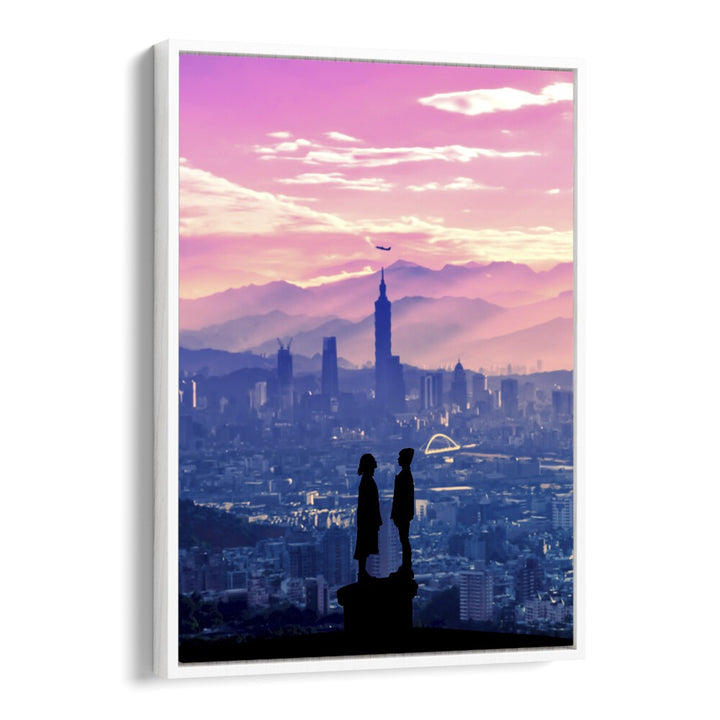 Silhouettes of two figures against a surreal cityscape in vibrant hues, embodying ANIME LOVE, SURREAL ART PRINTS.