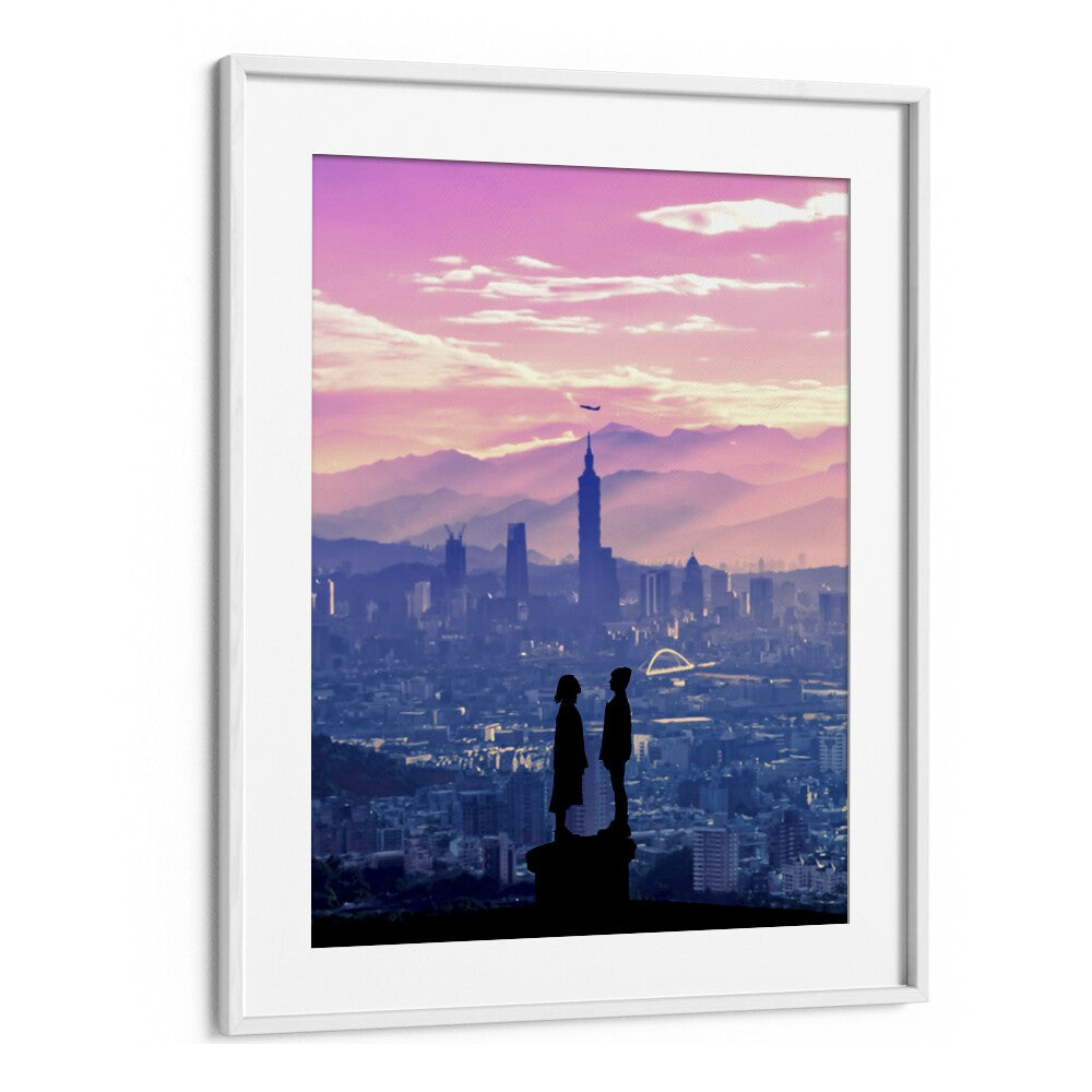 Surreal art print "ANIME LOVE" by Ritvik Takkar captures a romantic cityscape in vibrant hues, perfect for your space.