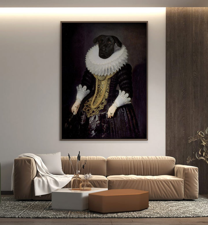 Elegant black dog in royal attire, showcasing ANOUK, ANIMAL PAINTINGS by Florent Bodart for stunning wildlife art.