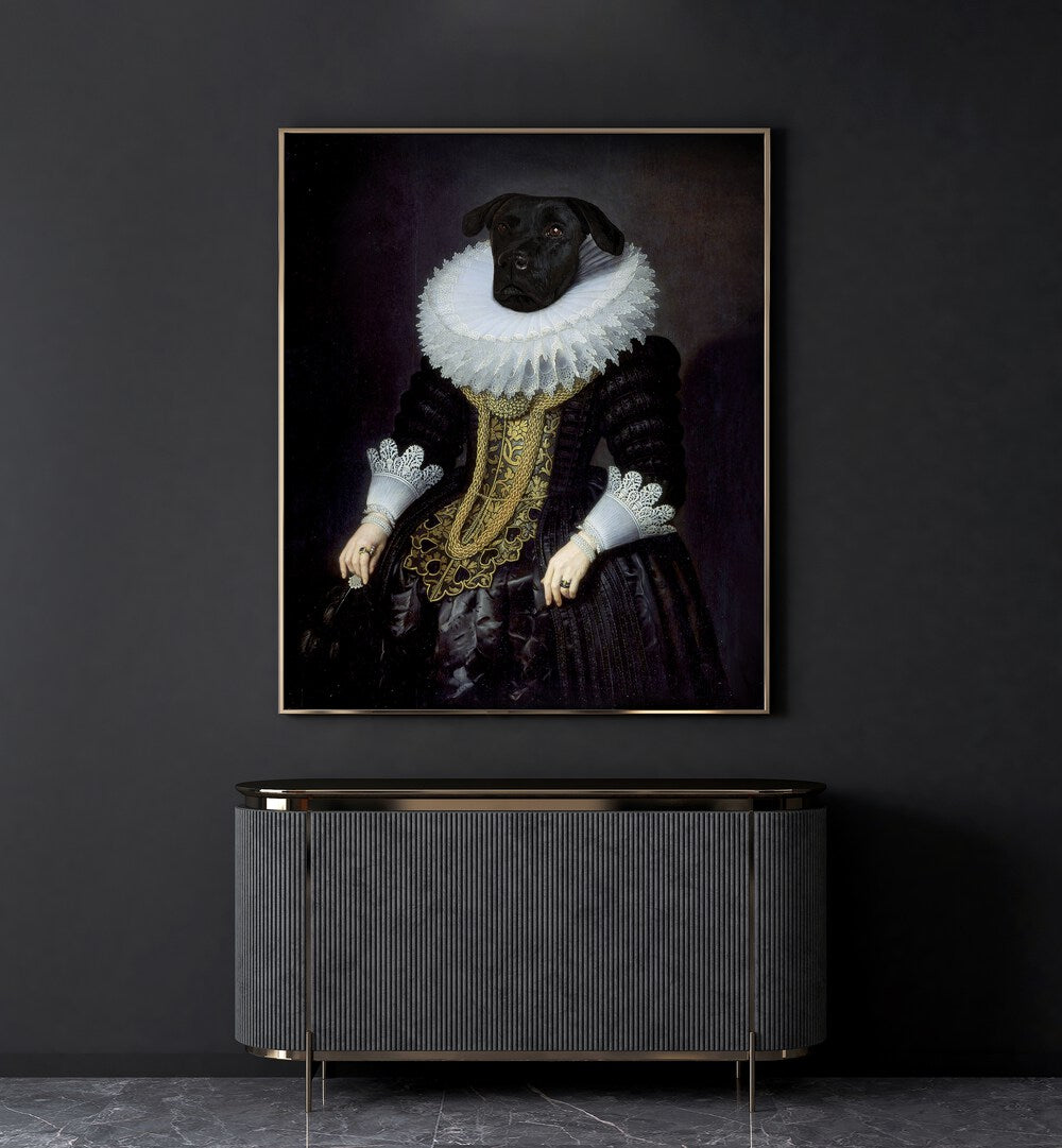 Black dog in regal attire, featured in ANOUK, ANIMAL PAINTINGS by Florent Bodart, adds wildlife charm to your decor.