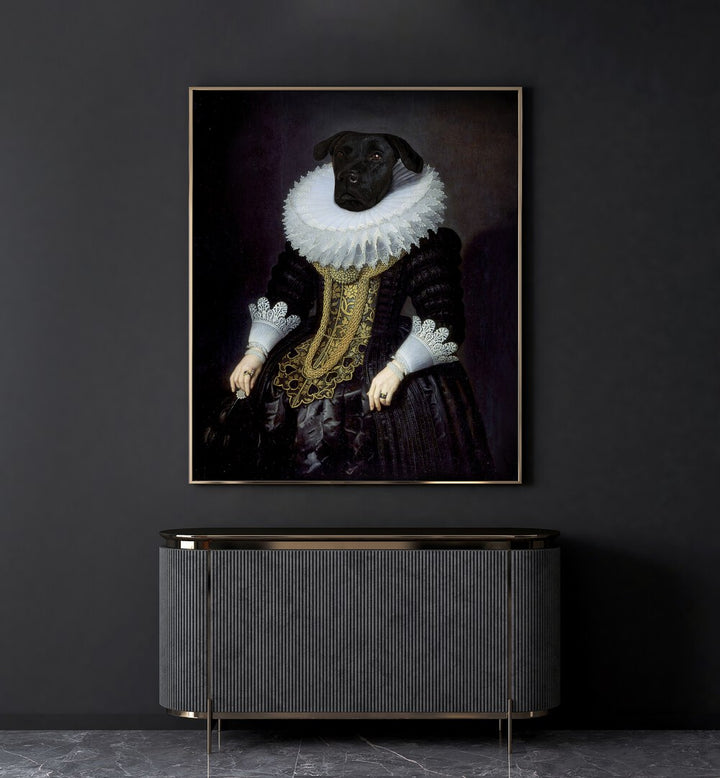 Black dog in regal attire, featured in ANOUK, ANIMAL PAINTINGS by Florent Bodart, adds wildlife charm to your decor.