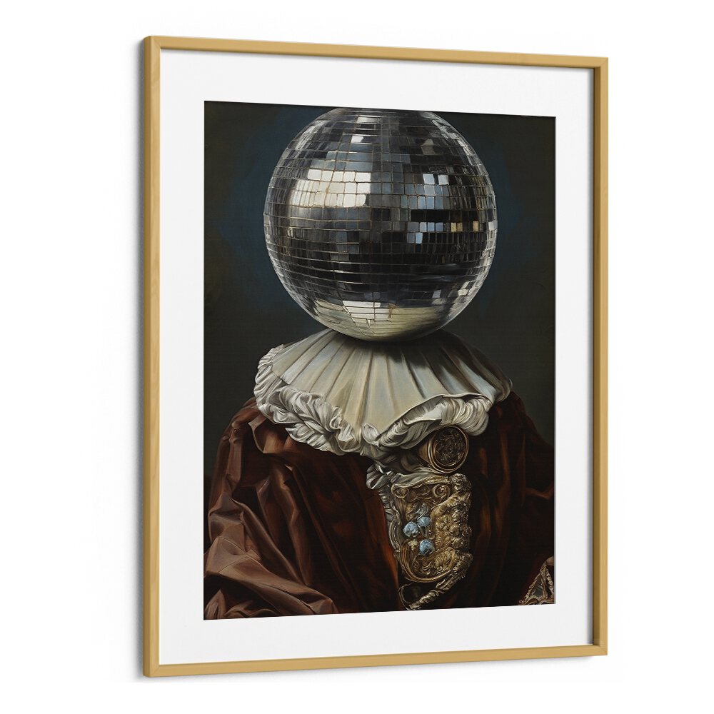 Stunning ANTIQUE DISCO BALL II, ALTERED ART PRINTS by The Art Concept in elegant oak frame, merging vintage and modern styles.