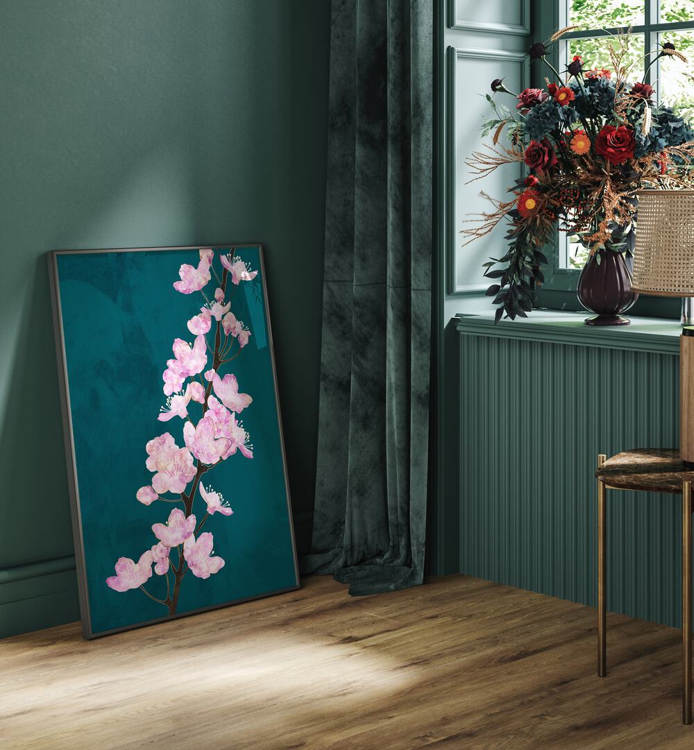 Delicate APRIL CHERRY BLOSSOMS GREEN, FLORAL FLOWER PAINTINGS by Sarah Manovski, enhancing spring decor beautifully.