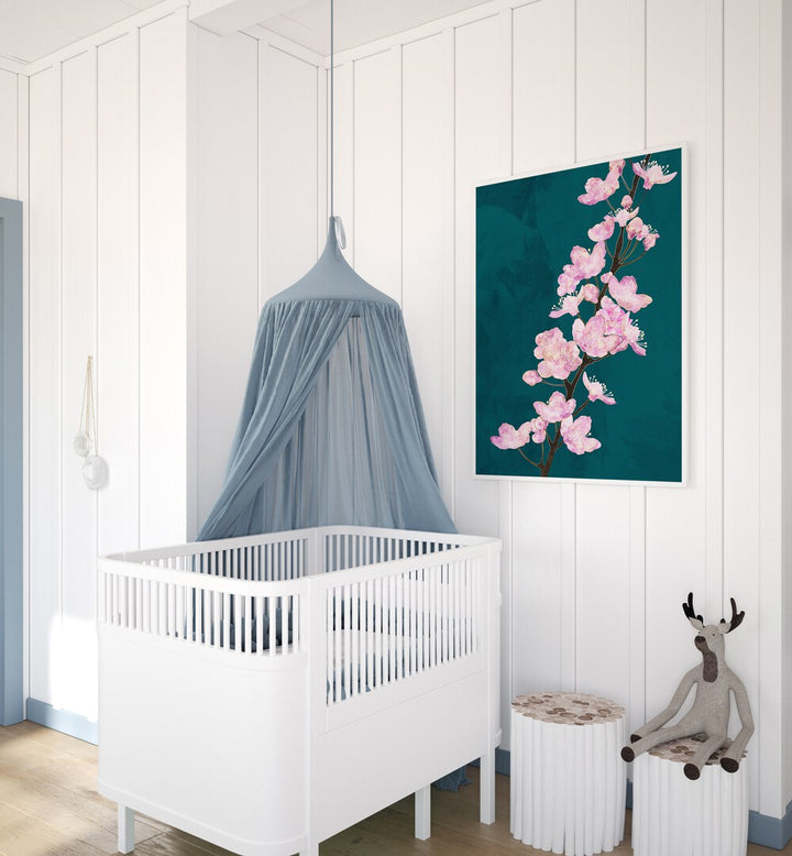 Delicate APRIL CHERRY BLOSSOMS GREEN, FLORAL FLOWER PAINTINGS by Sarah Manovski enhance any serene space beautifully.