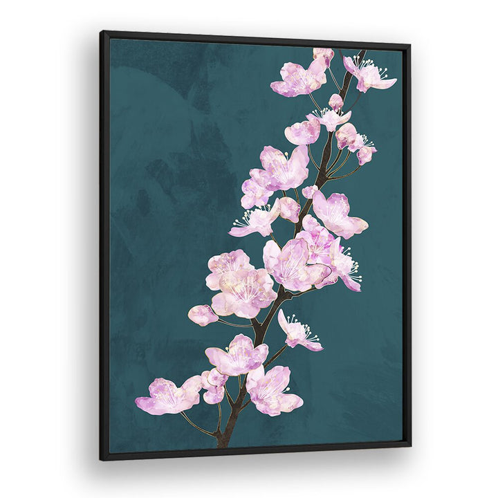 Delicate pink flowers on a dark green background in APRIL CHERRY BLOSSOMS GREEN, FLORAL FLOWER PAINTINGS by Sarah Manovski.