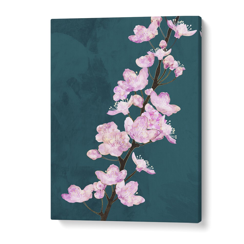 Delicate pink blossoms bloom against a green backdrop in APRIL CHERRY BLOSSOMS GREEN, FLORAL FLOWER PAINTINGS by Sarah Manovski.