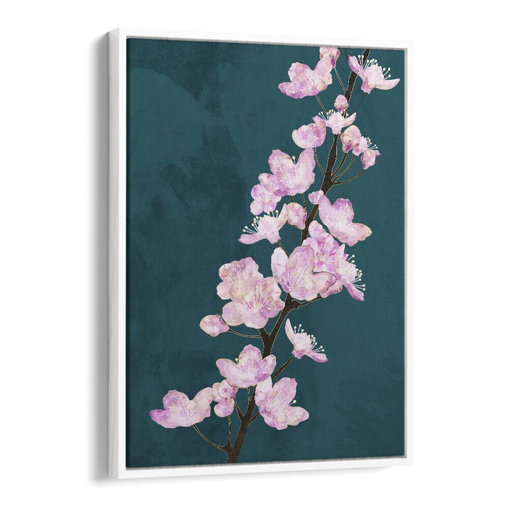Delicate pink blooms against a green backdrop in APRIL CHERRY BLOSSOMS GREEN, FLORAL FLOWER PAINTINGS by Sarah Manovski.