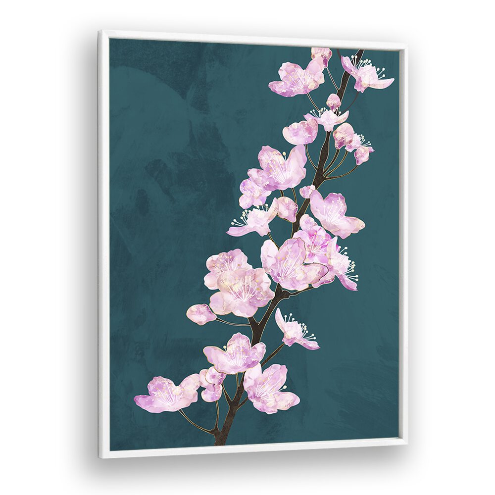 Delicate pink blooms in “APRIL CHERRY BLOSSOMS GREEN, FLORAL FLOWER PAINTINGS” by Sarah Manovski enhance any space.