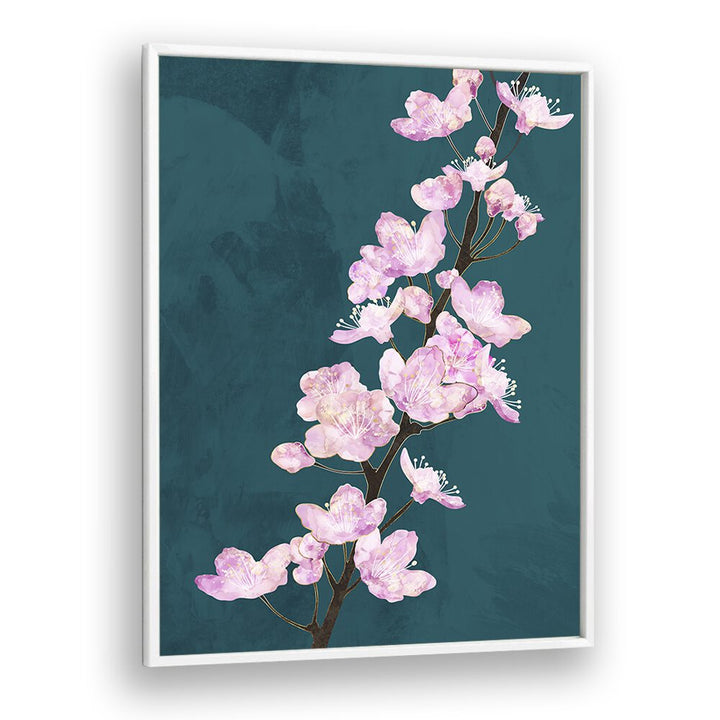 Delicate pink blooms in “APRIL CHERRY BLOSSOMS GREEN, FLORAL FLOWER PAINTINGS” by Sarah Manovski enhance any space.