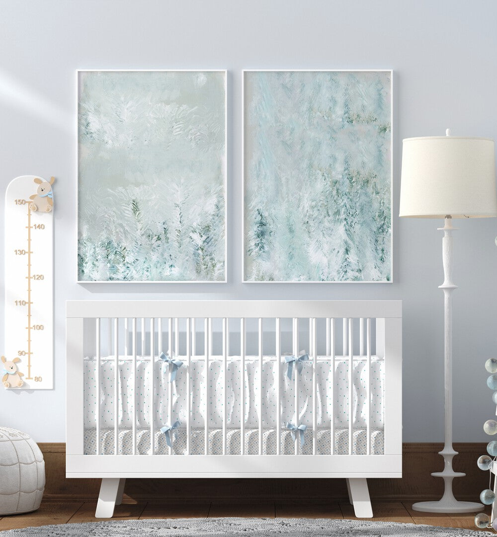 Elevate your decor with the ARCTIC BREEZE SET, SET OF 2 PAINTINGS, featuring serene winter landscapes for tranquility.