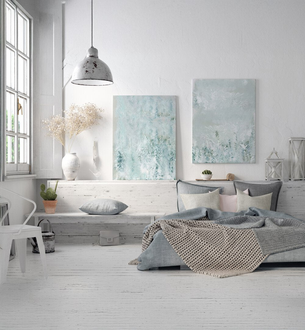 Elevate your space with the ARCTIC BREEZE SET, SET OF 2 PAINTINGS showcasing serene winter landscapes.