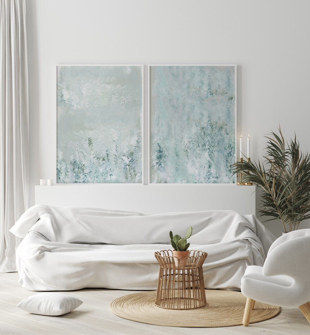 Elevate your decor with the ARCTIC BREEZE SET, SET OF 2 PAINTINGS, showcasing serene winter landscapes.