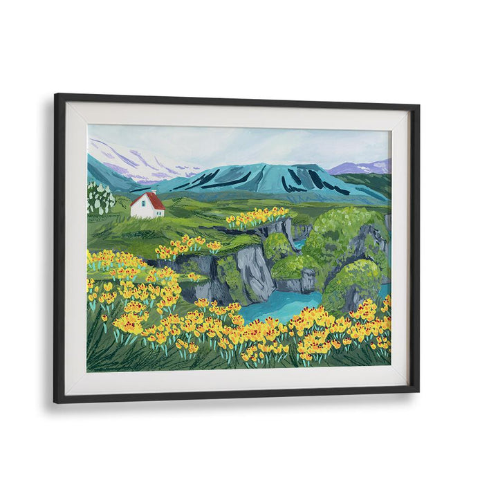 Bright yellow flowers and a quaint cottage highlight the ARNARSTAPI, LANDSCAPE PAINTINGS by Sarah Gesek. Transform your space!