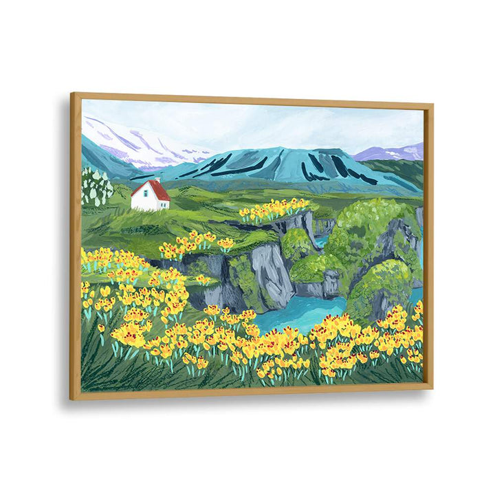 Bright and vibrant ARNARSTAPI, LANDSCAPE PAINTINGS by Sarah Gesek, showcasing a lush natural scene in an oak frame.