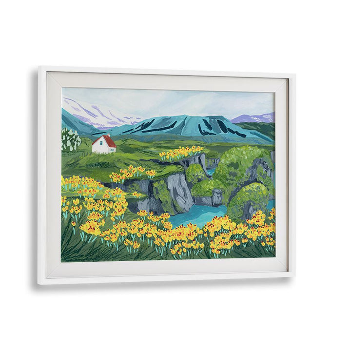 Vibrant ARNARSTAPI, LANDSCAPE PAINTINGS showcasing a serene scene by Sarah Gesek in a stylish white frame.