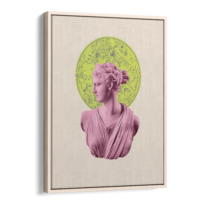 Stunning ARTEMIS NEON ZODIAC, ALTERED ART PRINTS in an oak floater frame, blending celestial art with modern design.