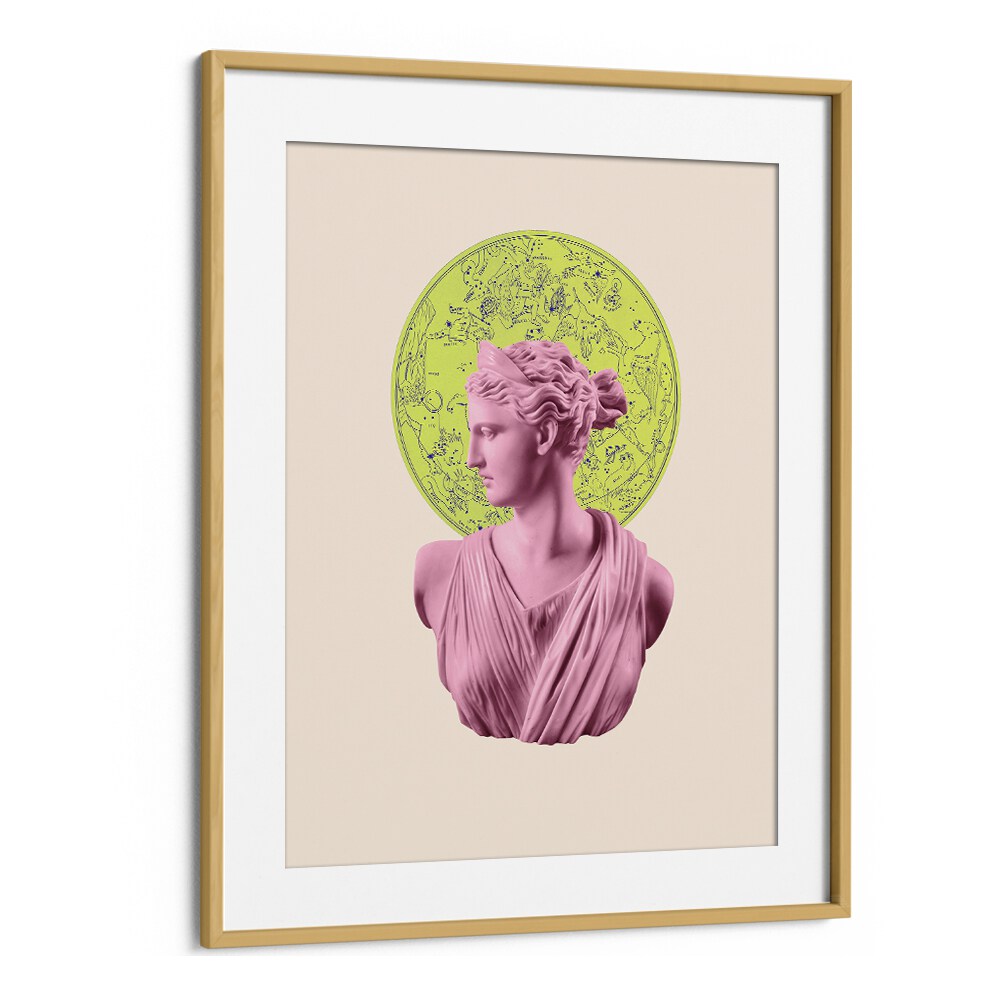Stunning ARTEMIS NEON ZODIAC, ALTERED ART PRINTS in oak frame, showcasing celestial beauty by Grace Digital Art Co.