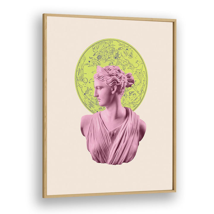 Stunning ARTEMIS NEON ZODIAC, ALTERED ART PRINTS framed in oak, showcasing cosmic beauty by Grace Digital Art Co.