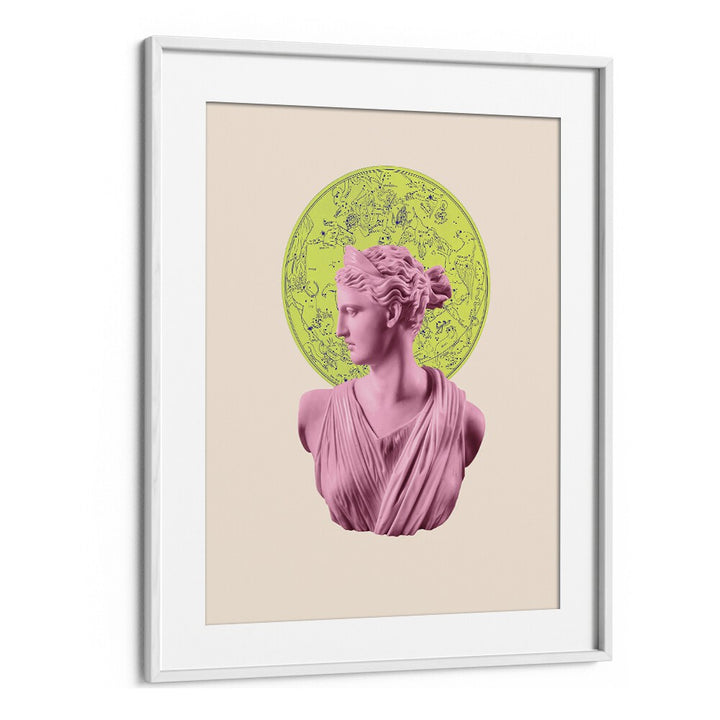 Vibrant ARTEMIS NEON ZODIAC, ALTERED ART PRINTS in a white frame, showcasing celestial beauty by Grace Digital Art Co.