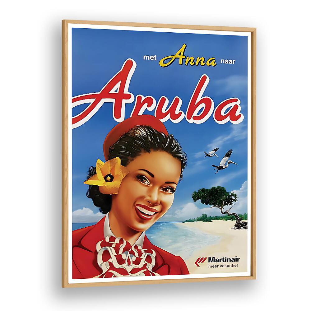 Bright and vibrant ARUBA, VINTAGE TRAVEL POSTERS framed in oak, perfect for adding nostalgia to any space.
