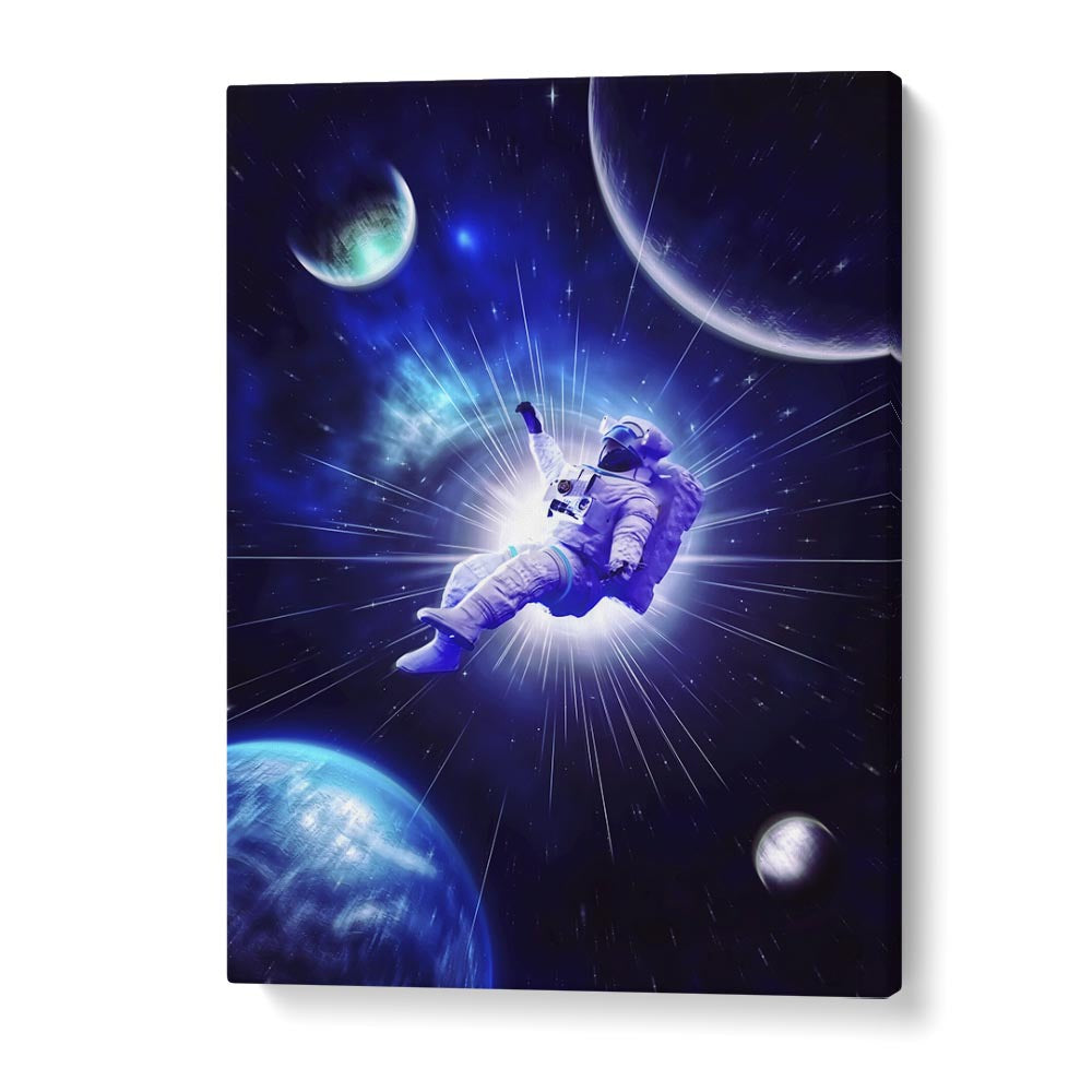 Explore ASTRO TRAVEL, SURREAL ART PRINTS featuring an astronaut amidst a vibrant cosmic backdrop by Ritvik Takkar.